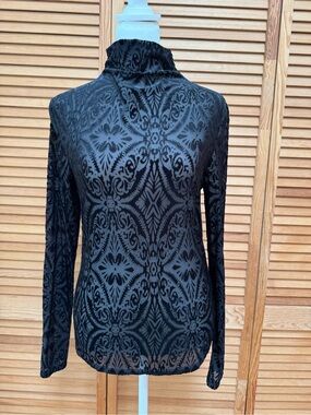 Black Velvet Burnout Long-Sleeve Mock Neck Top Size M Whimsigoth Witchy Gothic